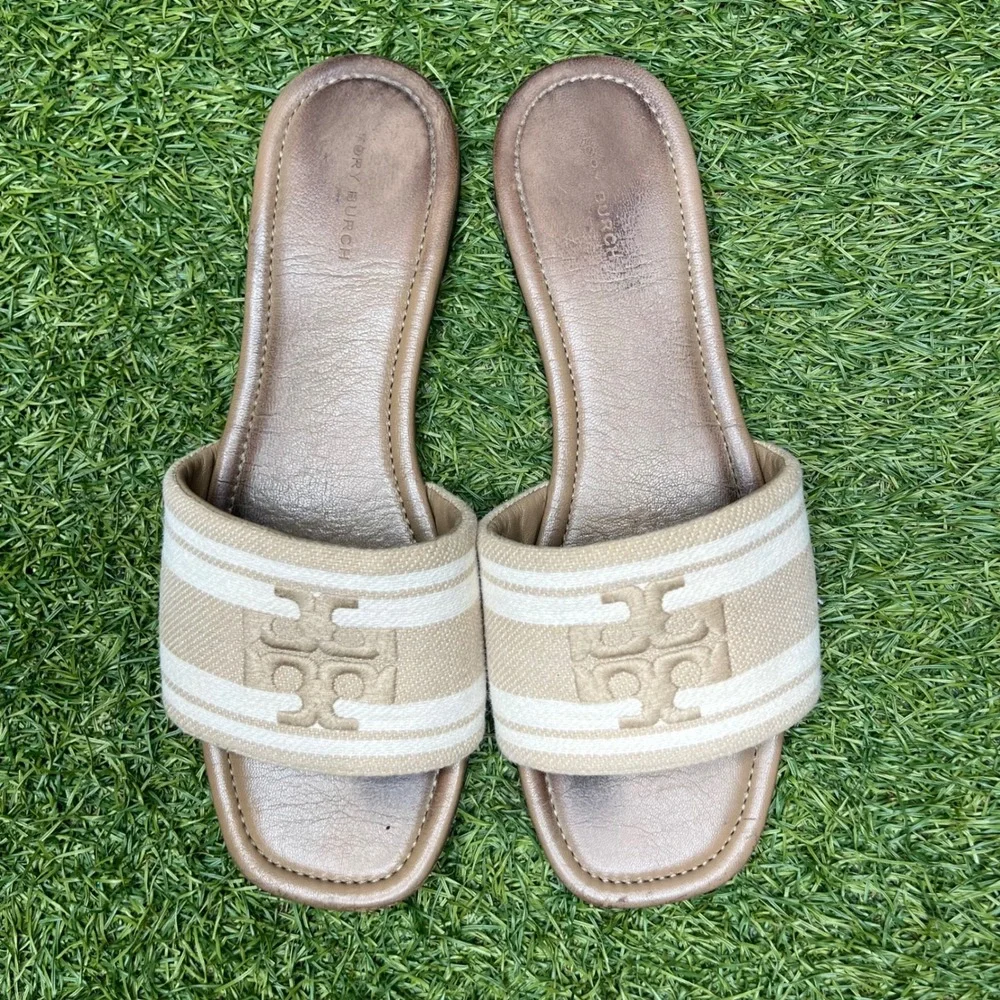 Tory Burch Double T Jacquard Slide Canvas Striped Logo Cammello Ash White 10M